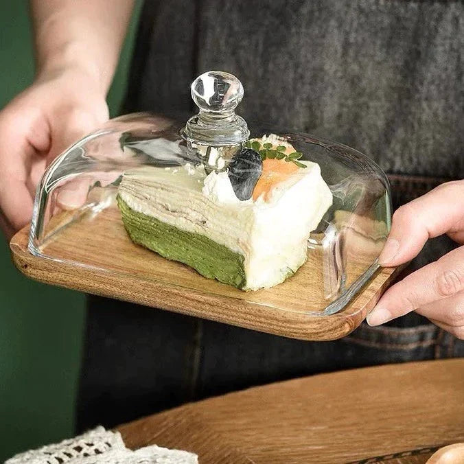 Assiette à gâteau rectangulaire en bois avec couvercle en verre